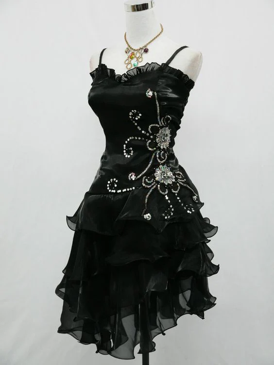 A Line Black Ruffle Short Prom Dress Homecoming Dress J3325