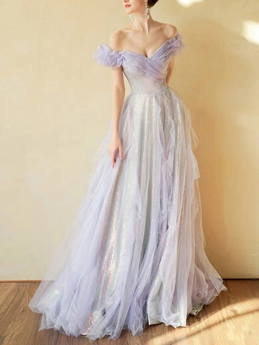 Off The Shoulder Lilac A Line Tulle Prom Dress Birthday Party Gown J3329