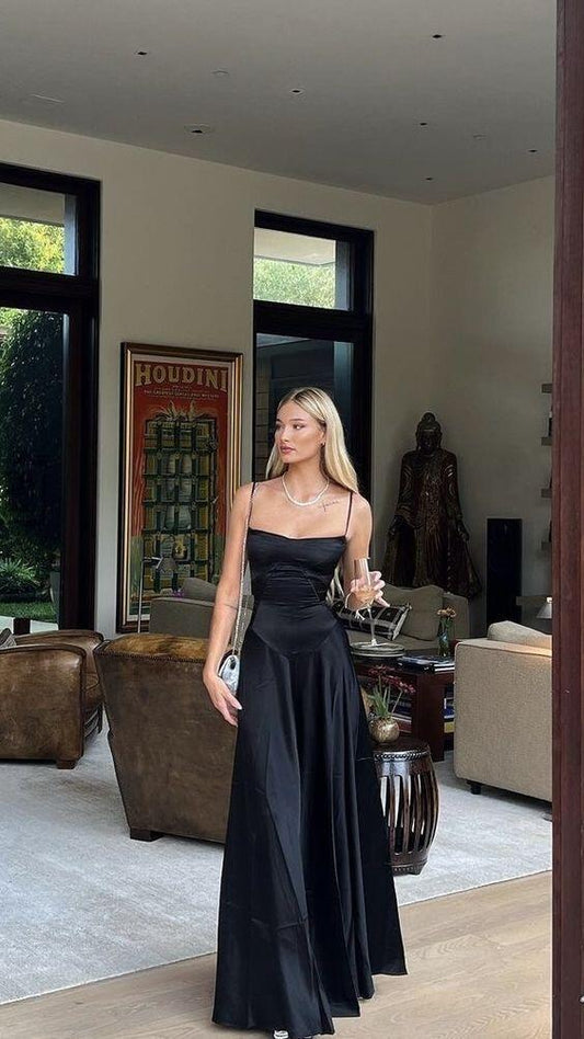 Black Satin A Line Long Prom Dress J3333