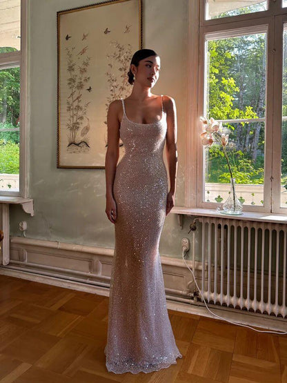 Robe de bal longue sirène rose à paillettes, robe de soirée formelle J3334