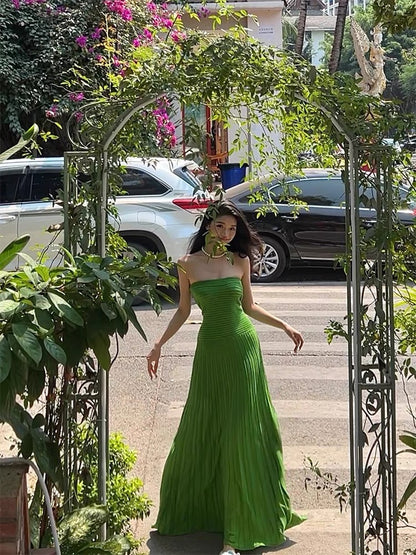 Robe de bal longue bustier verte coupe trapèze, tenue de soirée formelle J3341