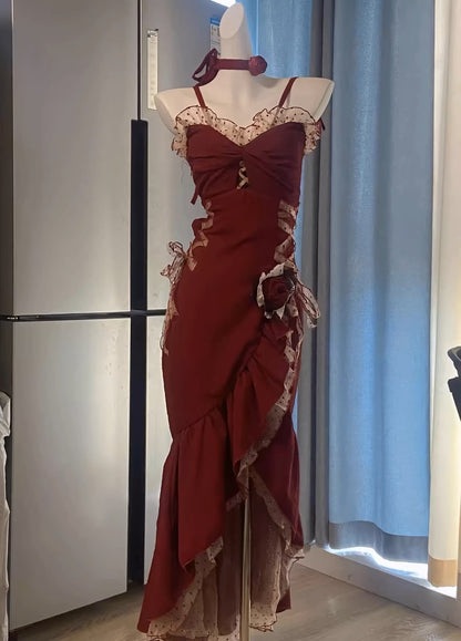 Burgunderrotes Meerjungfrau-Rüschen-Langes Ballkleid Formales Partykleid J3347