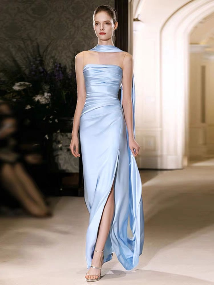 Blue Sheath Long Prom Dress With Slit Formal Party Dress J3349