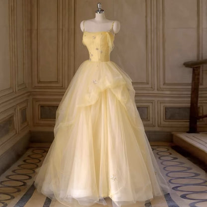 Robe de bal longue jaune trapèze en tulle, tenue de fête d'anniversaire J3369