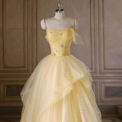 Robe de bal longue jaune trapèze en tulle, tenue de fête d'anniversaire J3369