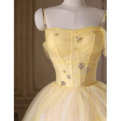 Robe de bal longue jaune trapèze en tulle, tenue de fête d'anniversaire J3369