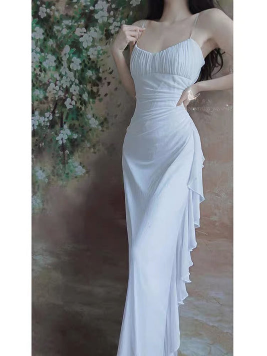 Spaghetti Straps White Sheath Ruffle Long Prom Dress J3373