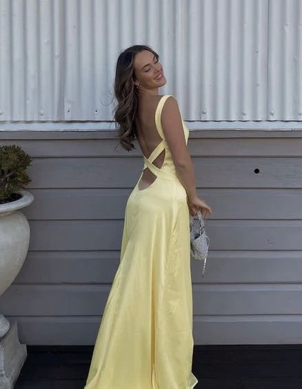 V Neck Yellow A Line Long Prom Dress Formal Party Dress J3377