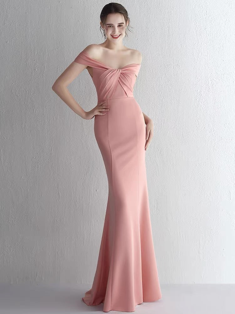 Off The Shoulder Pink Mermaid Long Prom Dress Formal Party Dress With Slit J3383