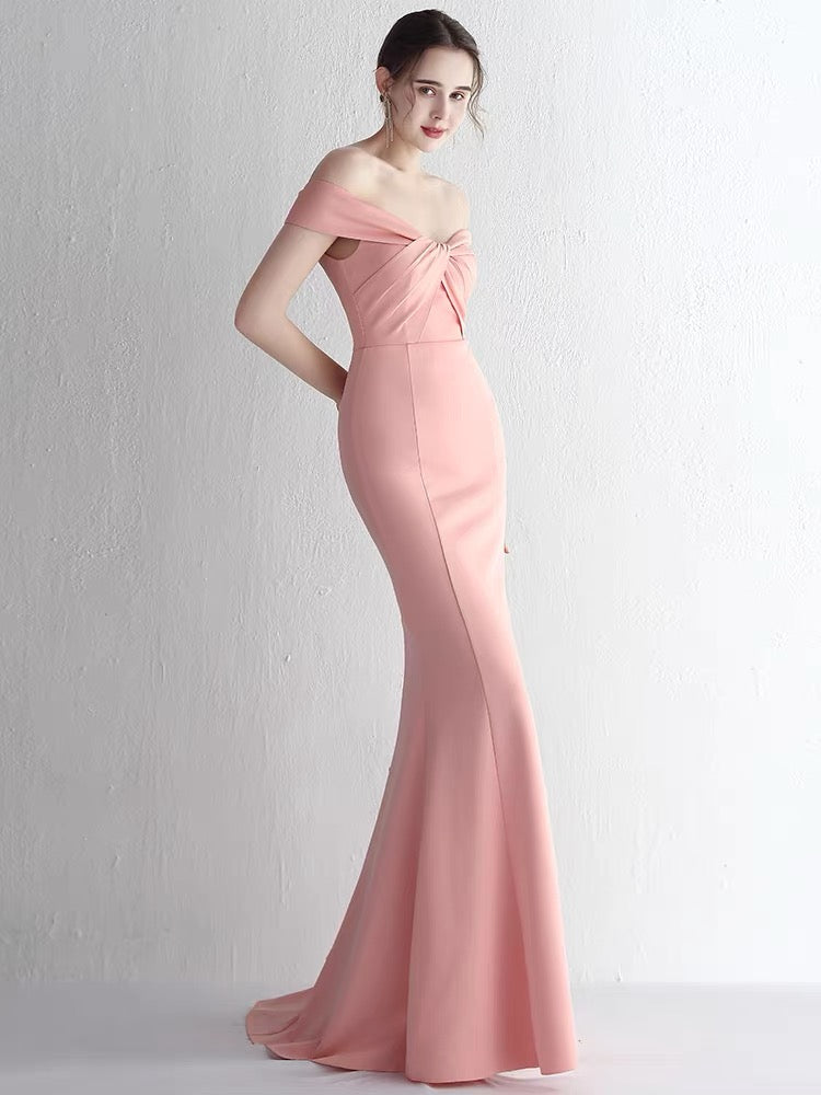 Off The Shoulder Pink Mermaid Long Prom Dress Formal Party Dress With Slit J3383