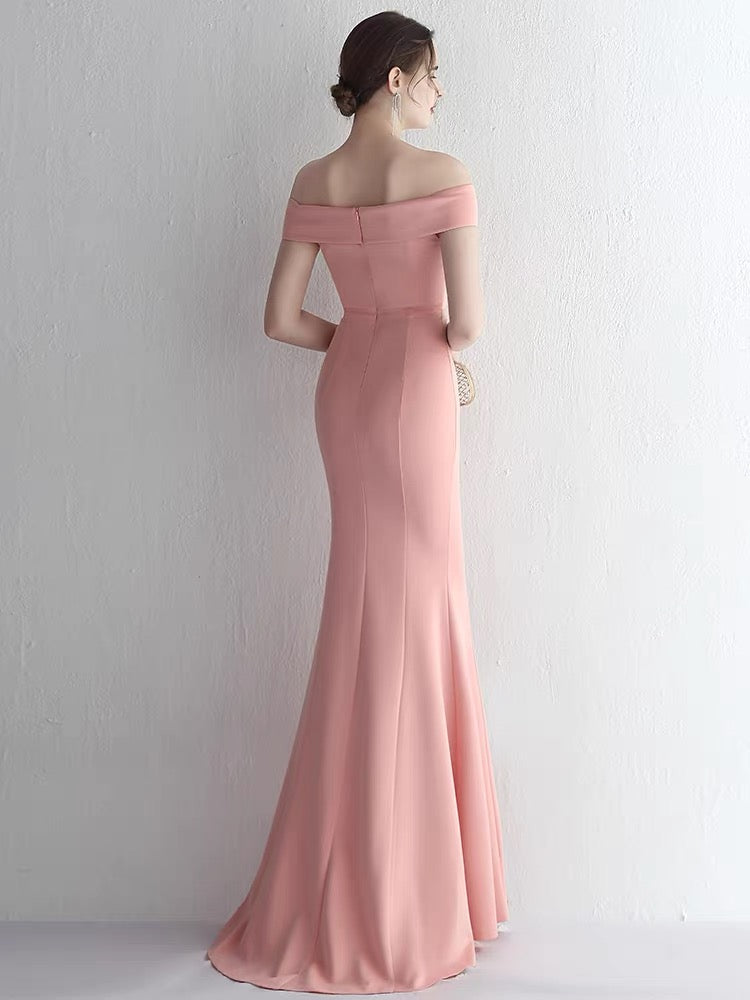 Off The Shoulder Pink Mermaid Long Prom Dress Formal Party Dress With Slit J3383