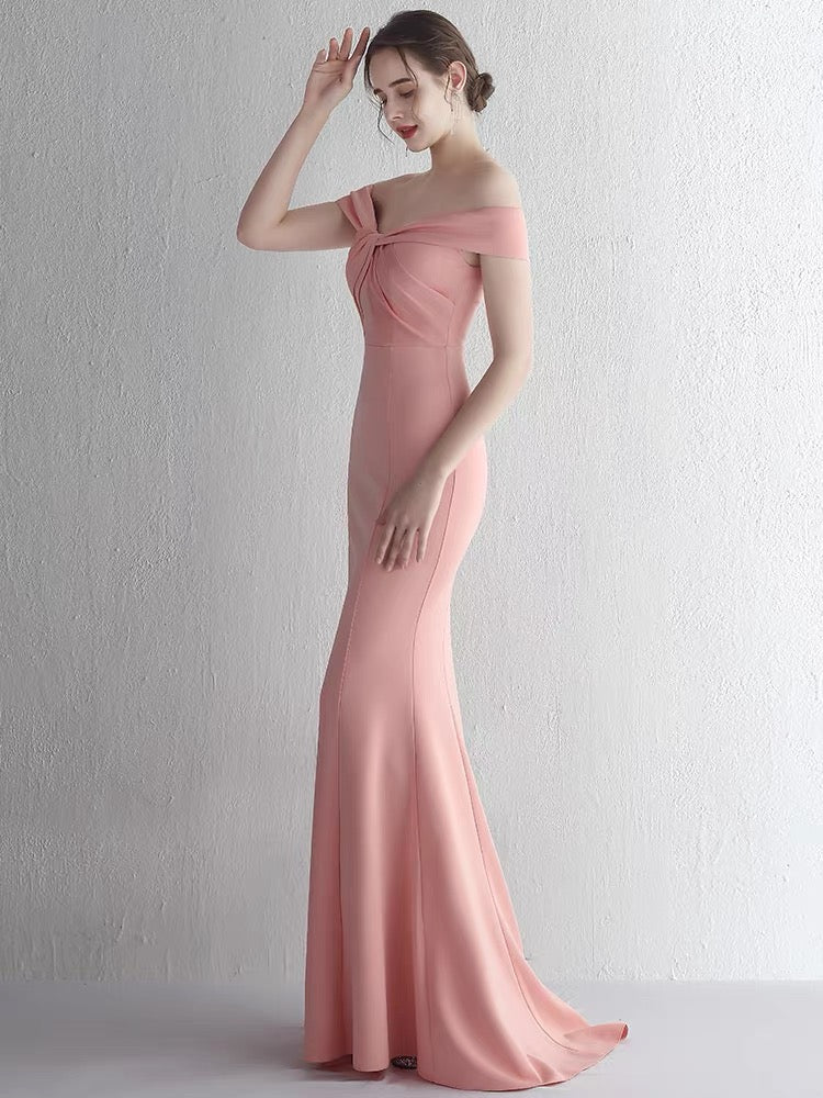 Off The Shoulder Pink Mermaid Long Prom Dress Formal Party Dress With Slit J3383