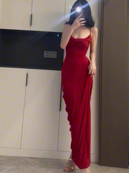 Robe fourreau rouge longue à bretelles spaghetti pour bal de promo, fête d'anniversaire, J3389