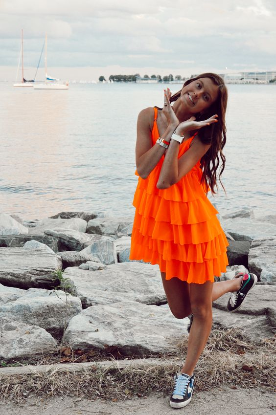 V Neck Orange Layer Short Prom Dress Homecoming Dress J3407