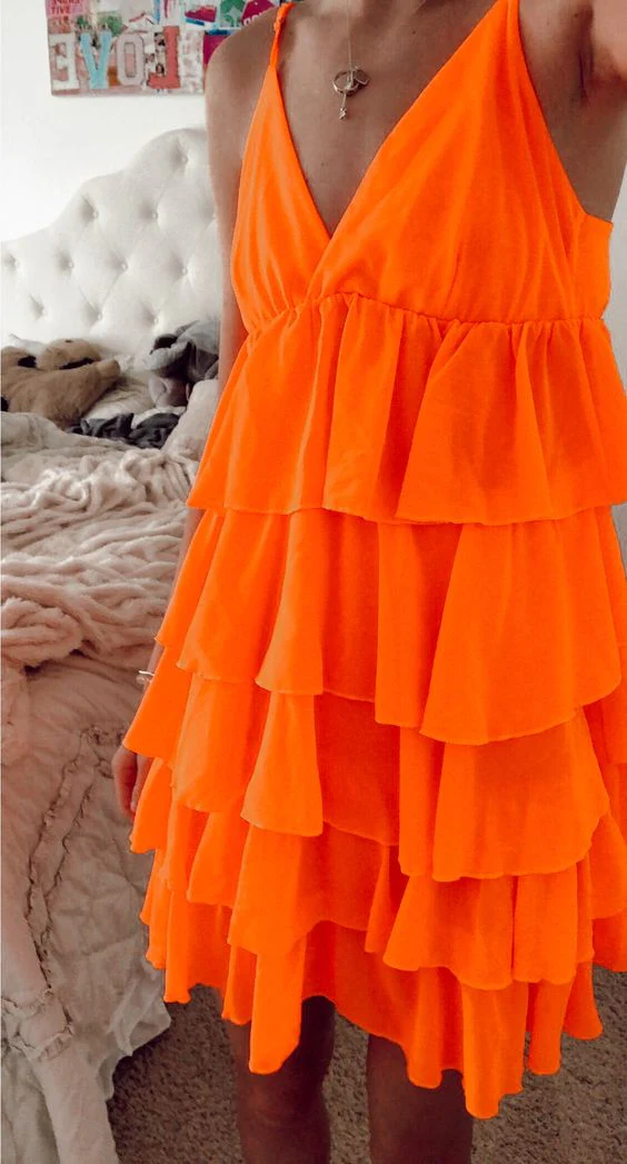 V Neck Orange Layer Short Prom Dress Homecoming Dress J3407