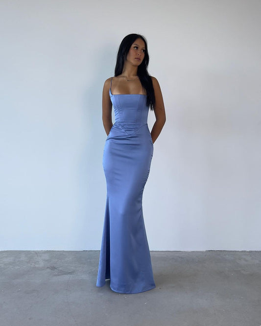 Spaghetti Straps Sheath Blue Satin Mermaid Long Prom Dress J3422