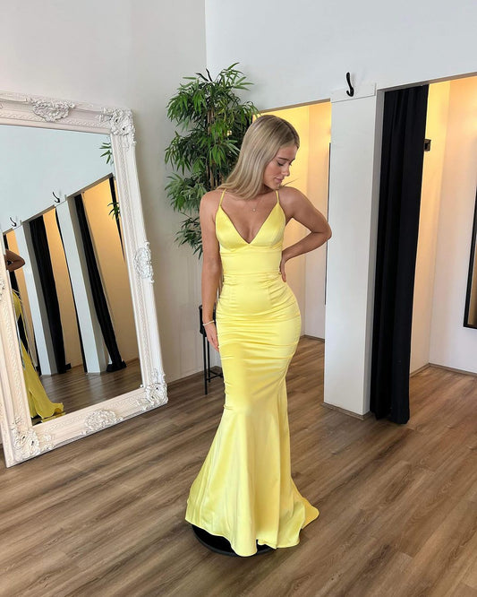 V Neck Yellow Satin Mermaid Long Prom Dress J3425