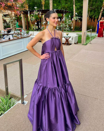 A Line Purple Satin Long Prom Dress Formal Party Dress J3426