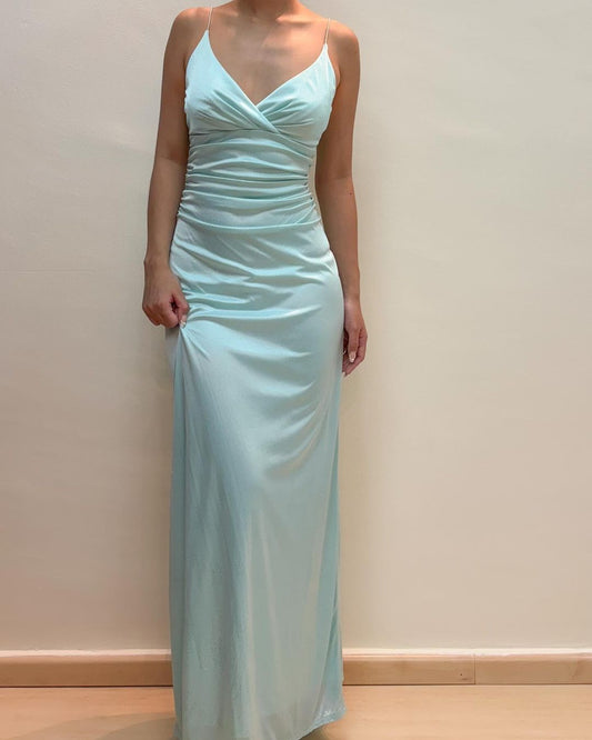 V Neck Light Blue Sheath Long Prom Dress Formal Party Dress J3428