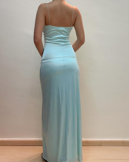 Robe de bal longue bleu clair à col en V et fourreau J3428