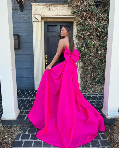 Strapless Pink Black Sheath Velvet Long Prom Dress With Slit J3437