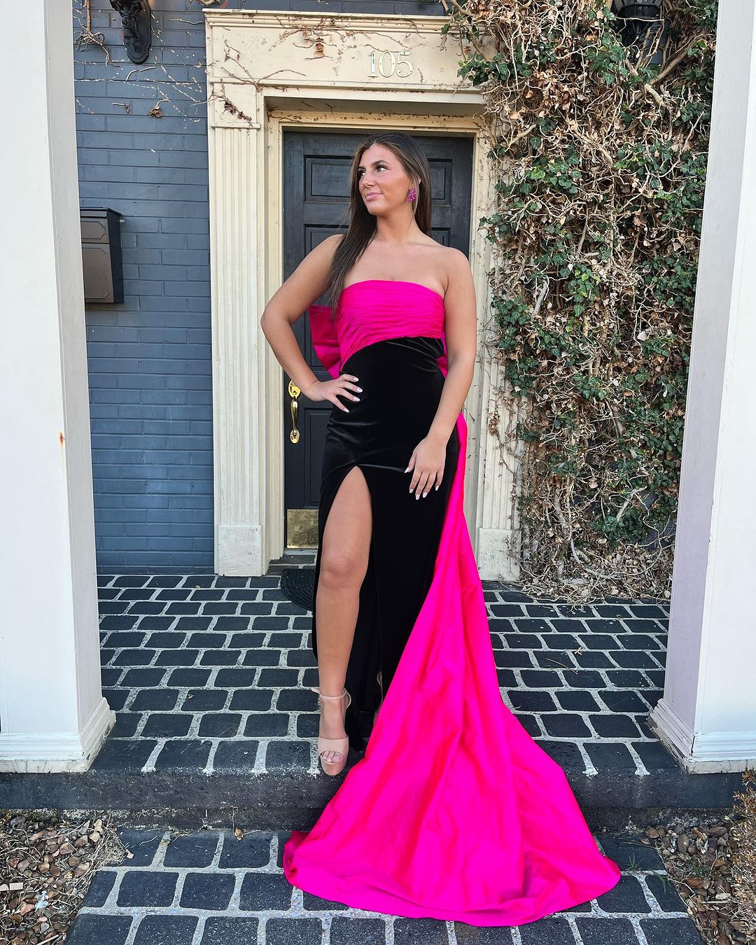 Strapless Pink Black Sheath Velvet Long Prom Dress With Slit J3437