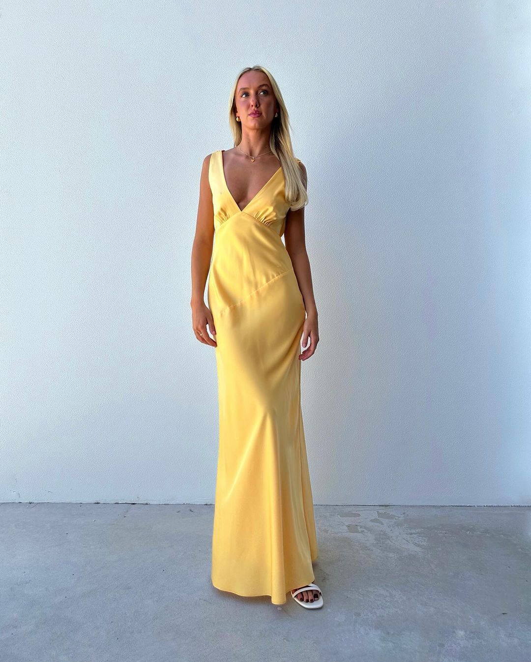 V Neck Sheath Yellow Satin Long Prom Dress J3438