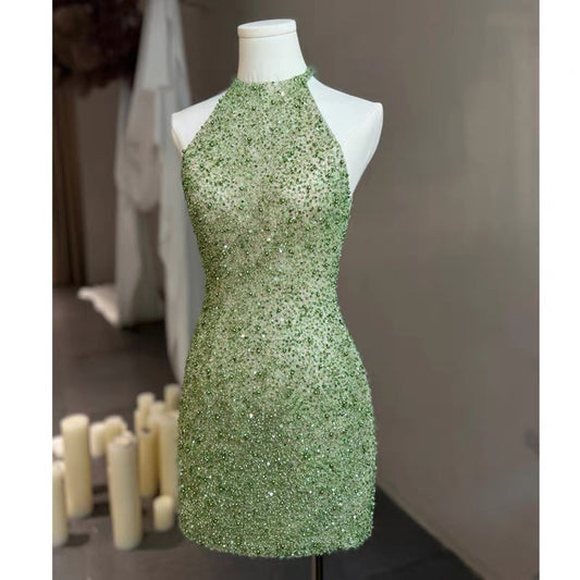 Halter Green Sequin Short Prom Dress Sheath Homecoming Dress J3447