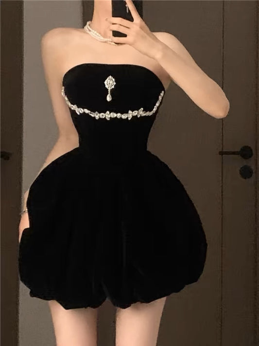 Strapless Black Velvet Short Prom Dress A Line Homecoming Dress J3449