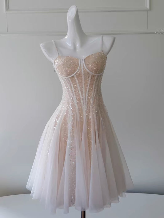 Spaghetti Straps Beads Tulle Short Prom Dress A Line Homecoming Dress J3450