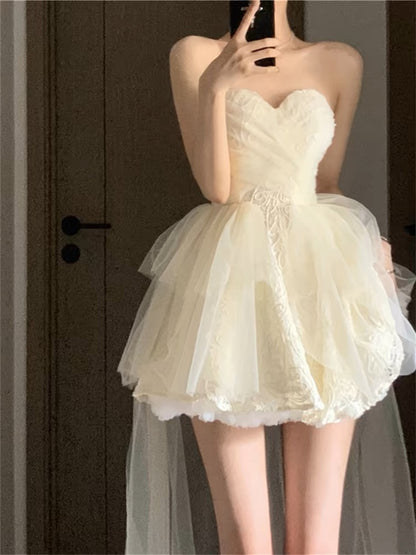 Robe de bal courte en tulle à col en cœur, coupe trapèze, robe de soirée J3451