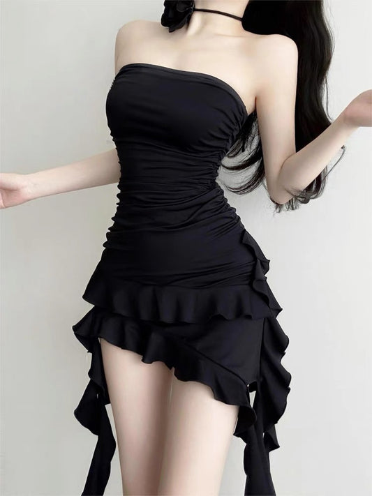 Strapless Black Sheath Short Prom Dress Ruffle Homecoming Dress J3456