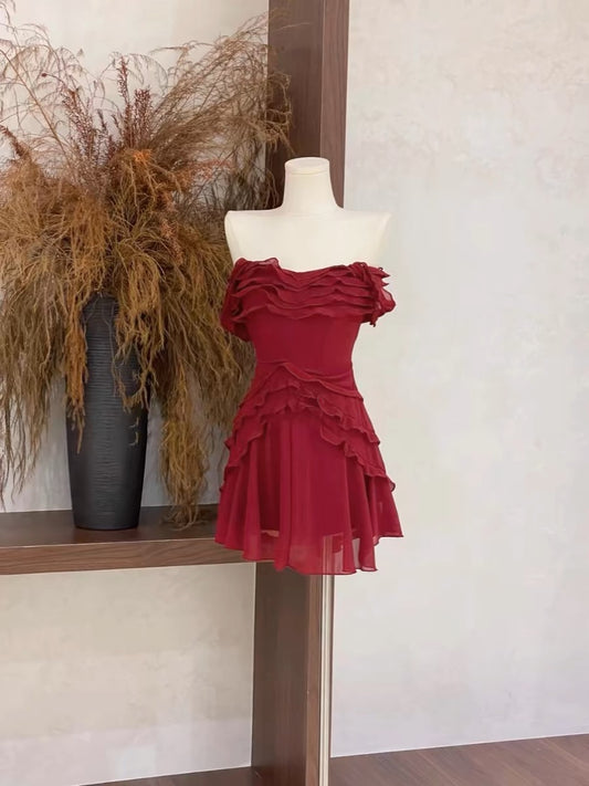 Off The Shoulder A Line Burgundy Short Prom Dress Ruffle Homecoming Dress J3457