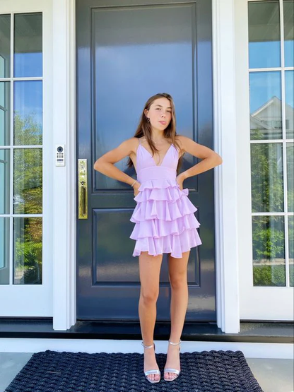 Robe de bal courte rose à col en V et coupe trapèze, tenue de fête d'anniversaire, J3486