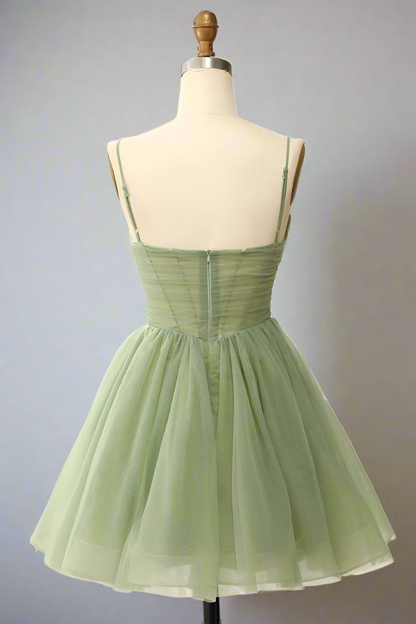Spaghetti Straps Green Tulle Homecoming Dress Birthday Party Dress J3494