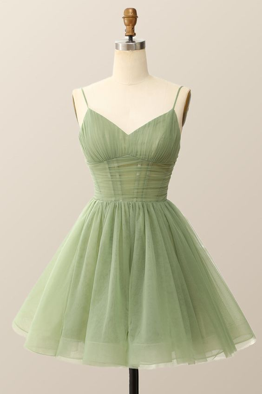 Spaghetti Straps Green Tulle Homecoming Dress Birthday Party Dress J3494