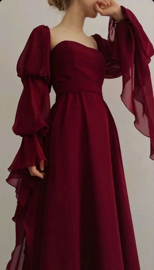 A Line Burgundy Long Prom Dress Long Sleeves Formal Party Dress J3505