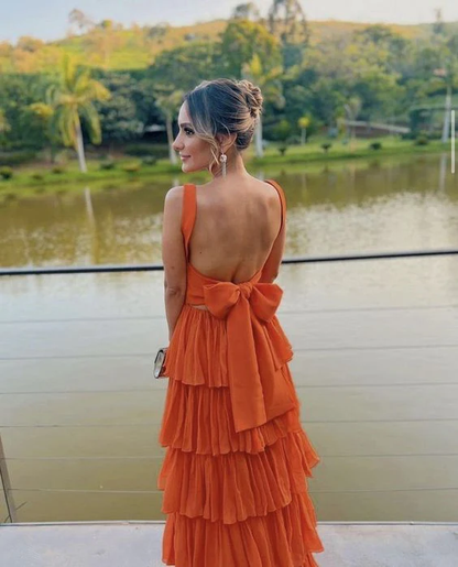 Robe de bal longue orange élégante coupe trapèze, robe de soirée formelle J3507