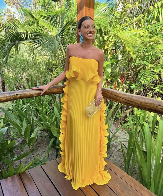 Strapless Yellow Pleated Long Prom Dress Evening Party Dress J3513