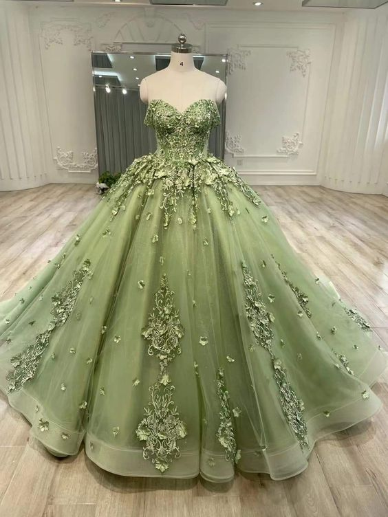 Off The Shoulder Green Long Quinceanera Dress Sweet 15 Birthday Party Ball Gown J3517