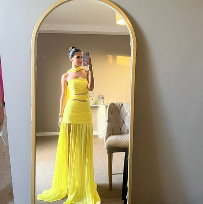 Robe de bal longue bustier jaune coupe trapèze, tenue de soirée formelle J3524