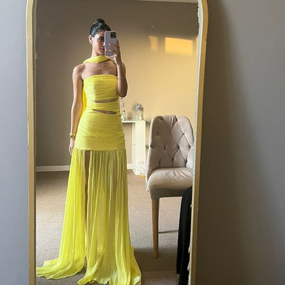 Robe de bal longue bustier jaune coupe trapèze, tenue de soirée formelle J3524