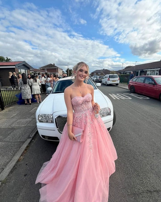 Strapless A Line Pink Tulle Long Prom Dress With Applique J3528