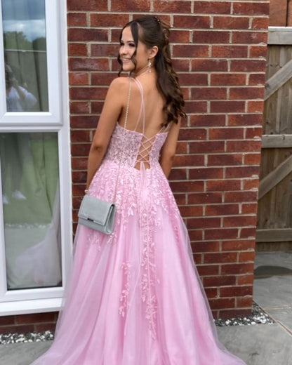 Robe de bal longue bustier en tulle rose avec appliqués J3528