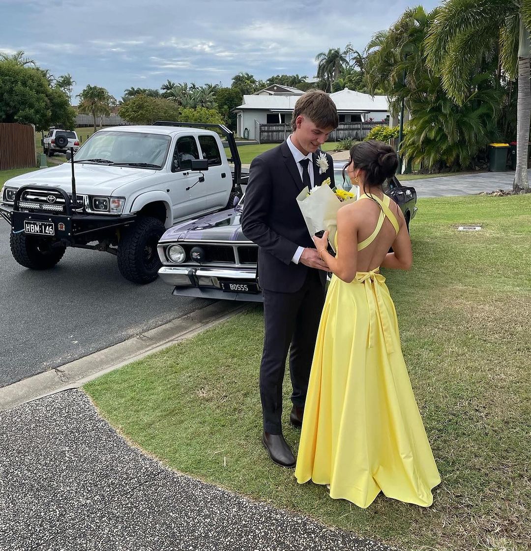 Deep V Neck Yellow A Line Long Prom Dress With Slit J3530