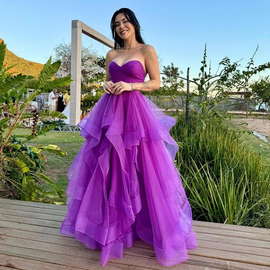 Strapless Purple A Line Long Prom Dress Formal Evening Party Gown J3533