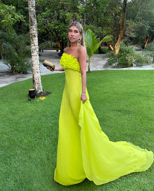 Strapless Yellow A Line Long Prom Dress Formal Party Gown J3540