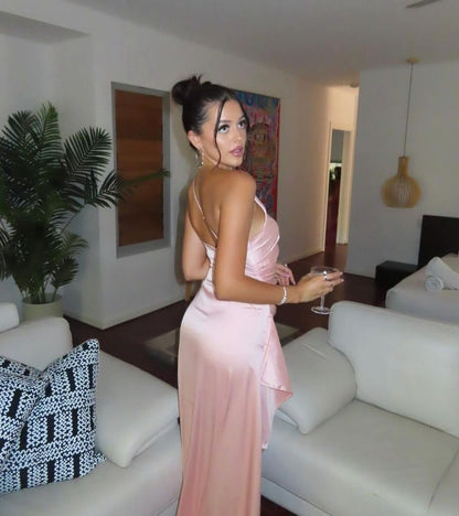 Robe de soirée longue fourreau rose asymétrique J3554