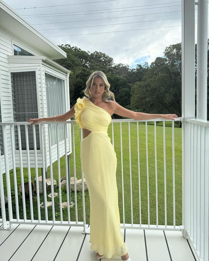 Robe de soirée longue fourreau jaune asymétrique J3561
