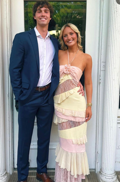 Robe de soirée longue en dentelle à col licou J3566